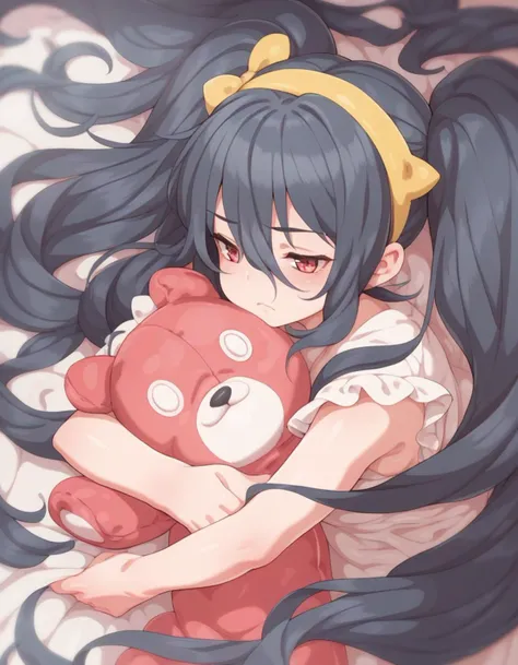 score_9,score_8_up,score_7_up,score_6_up,score_5_up, score_4_up, 1girl wavy hair, black hair, very long hair, twintails, hair between eyes,hair ornament, yellow hairband,red eyes, dress, hugging stuffed animal, from side, half-closed eyes, frown <lora:tenako_style_pony6_v1-000038:1>