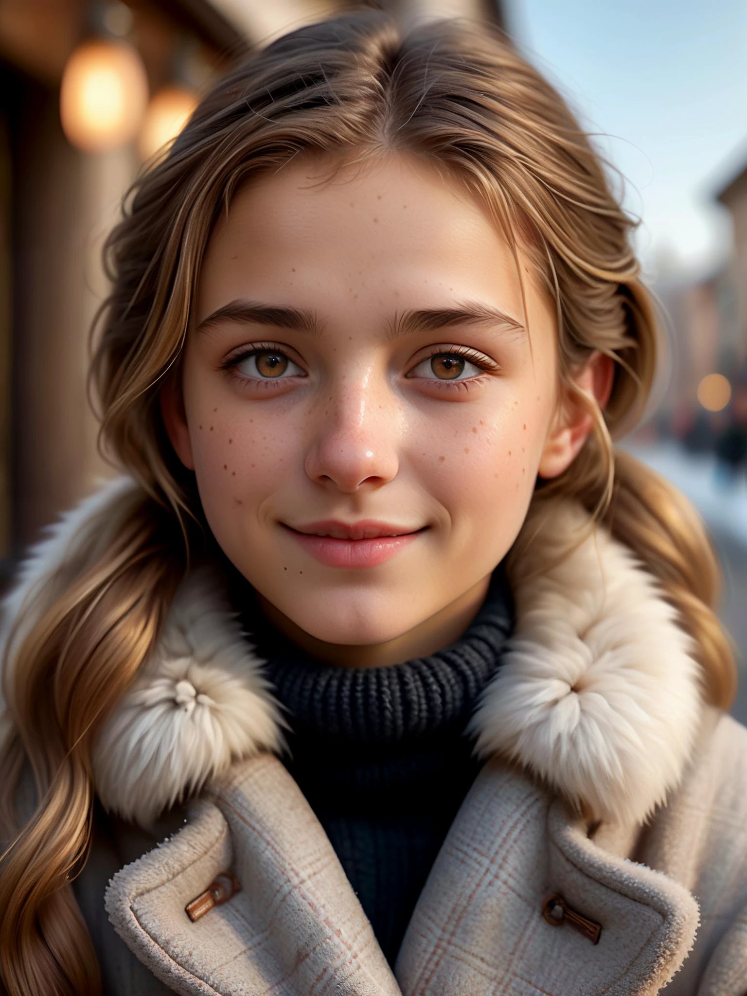 (Masterpiece), best quality, highly detailed, realistic, 8k uhd,
closeup portrait, cute 18yo Italian woman, lustrous light brown hair with blonde highlights, small ears, cute upturned nose, small hazel eyes, flat chested, small breasts, winter coat, fur-lined collar and cuffs, light freckles, playful gaze, shy smile,