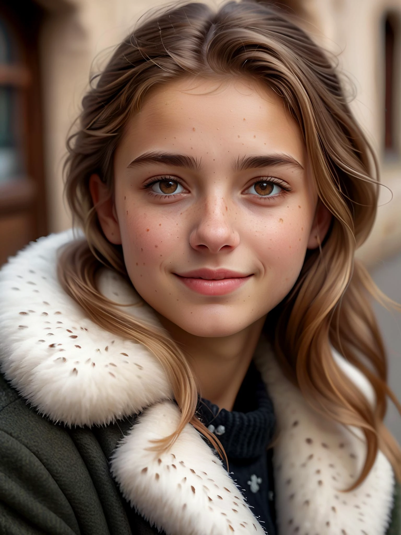 (Masterpiece), best quality, highly detailed, realistic, 8k uhd,
closeup portrait, cute 18yo Italian woman, lustrous light brown hair with blonde highlights, small ears, cute upturned nose, small hazel eyes, flat chested, small breasts, winter coat, fur-lined collar and cuffs, light freckles, playful gaze, shy smile,