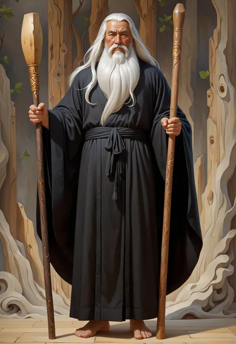 (Georgy Kurasov art:1.5), Character design of an old wise man with long white hair, wearing black and grey robes holding a wooden staff in the style of Studio Ghibli, full body shot, fantasy art style