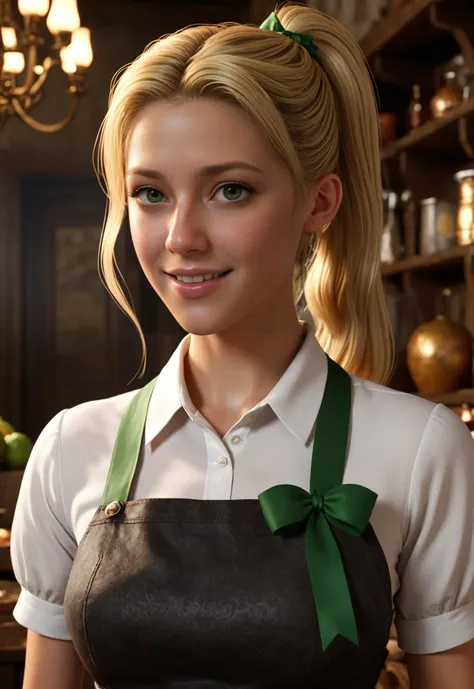 (in a classic dark fantasy game art, cid horror film directed by Ryûtarô Nakamura and H. P Lovecraft:1.5), Bringing food to the camera, Venus, elf, blonde hair, ponytail, green ribbon, looking at thd camera, blush, smile, backlit, ultra - detailed face, dynamic angles, high - sensitivity illustrations, masterpiece, UHD, best quality, octane render, cinematic, hyper detailed, ultra photorealistic, hyper - realistic