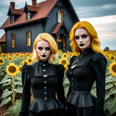 Two blonde girls stand among sunflowers, in the style of gothic revival, joel robison, john wayne gacy, kieron gillen, wimmelbilder, haunting houses, webcam photography, babycore, goth, MJ 5. 2, dollskill style, playful promises style, honey birdette style, fullbody, perfect eyes, perfect features, perfect hands, perfect body, 128k, 1080p, cinematic quality, cinematic lighting, voodoo, sinister, diabolical, testp, stunningly beautiful, maxim, hyper realistic details, lEICA SL2 50mm F 1. 4 kit, mirrorless lens <lora:add-detail-xl:1> <lora:duchaitenStylelikeme_v15Fp16NoEma:1> <lora:Larry Carlson Style:1>
