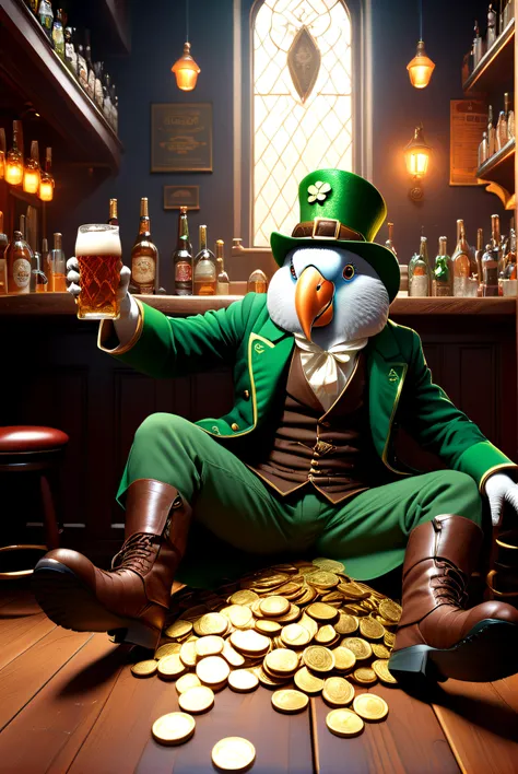 funny, beauty, St. Patrick's day, happy parrot in Irish pub, drunk, (falling down on the floor, spilled some beer:1,3), dressed in traditional leprechaun costume, dark green hat, silk dark green robes, bubble around his head, festive atmosphere, caldron of gold coin, four leaf clover, emotions of happiness, lots of decorative details, bright colors, chiaroscuro, cinematic, immersive effect, sunny day, maximalism, hyperrealism pub black light, detailed, hdr, epic background, line art, digital illustration, comic style, dynamic, highly detailed, artstation, concept art, smooth, sharp focus, illustration, Thomas Moran style, art by Carne Griffiths and Wadim Kashin, detailed background, 60-30-10 color rule, warm tones, godrays, unreal engine, greg rutkowski, loish, rhads, beeple, makoto shinkai and lois van baarle, ilya kuvshinov, rossdraws, tom bagshaw, alphonse mucha, global illumination, detailed and intricate environment <lora:XDetail_light:1> <lora:SDS_Contrast tool_XL:1>