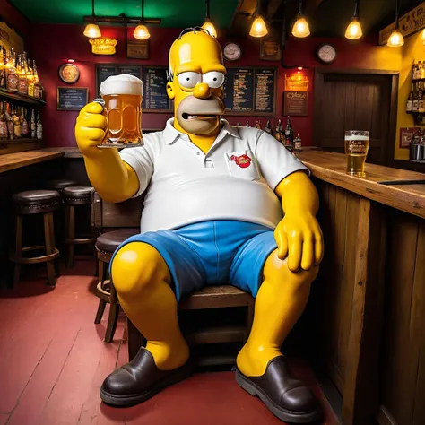 fullbody view (RAWPHOTO)) homer simpson as a real person. he is sitting in moe's tavern drinking a beer , 8k, UHD, HDR, (Masterpiece:1. 5), (best quality:1. 5)Sony ZV-E1,in the style of Mike Tang