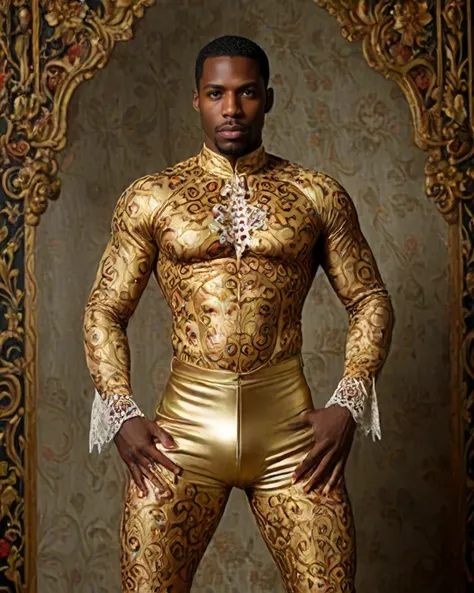 photography art by Sacha Goldberger and Thomas Blackshear, Fantastical Malian (Male:1.3) , wearing Glittering High-waisted pants, The High-waisted pants is made from lace, Portrait photography, superheroes series, humor and irony, unconventional portraits, cinematic lighting, African American art, figurative realism, spiritual themes, allegorical narratives, portrait art by John Buscema, complex artistic color composition, artistic, beautiful detailed supreme quality color intricate, cinematic perfect intricate stunning fine detail