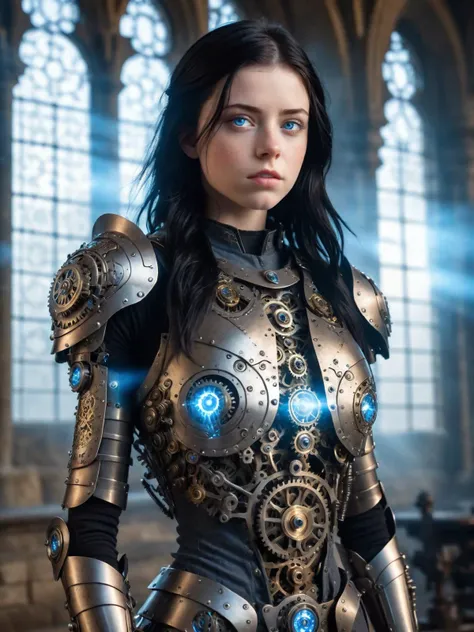 18 year old woman, standing, three quarter view, bright blue eyes, straight black hair, armor made of many gears, tiny gears, clockwork, pale skin, freckles, intricate, background hogwarts, mist, blue light, god rays, lens flares, photo, highly realistic, highly detailed, cinematic light, sidelighting, atmospheric, 8k, hyperrealism