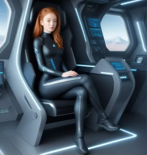 masterwork, hyperdetailed photography, ((realistic)) , sophie-molgrin, (military sci-fi outfit), sitting in pilot seat of a Star Trek style spaceship, futuristic leggings, flat futuristic boots, pleased