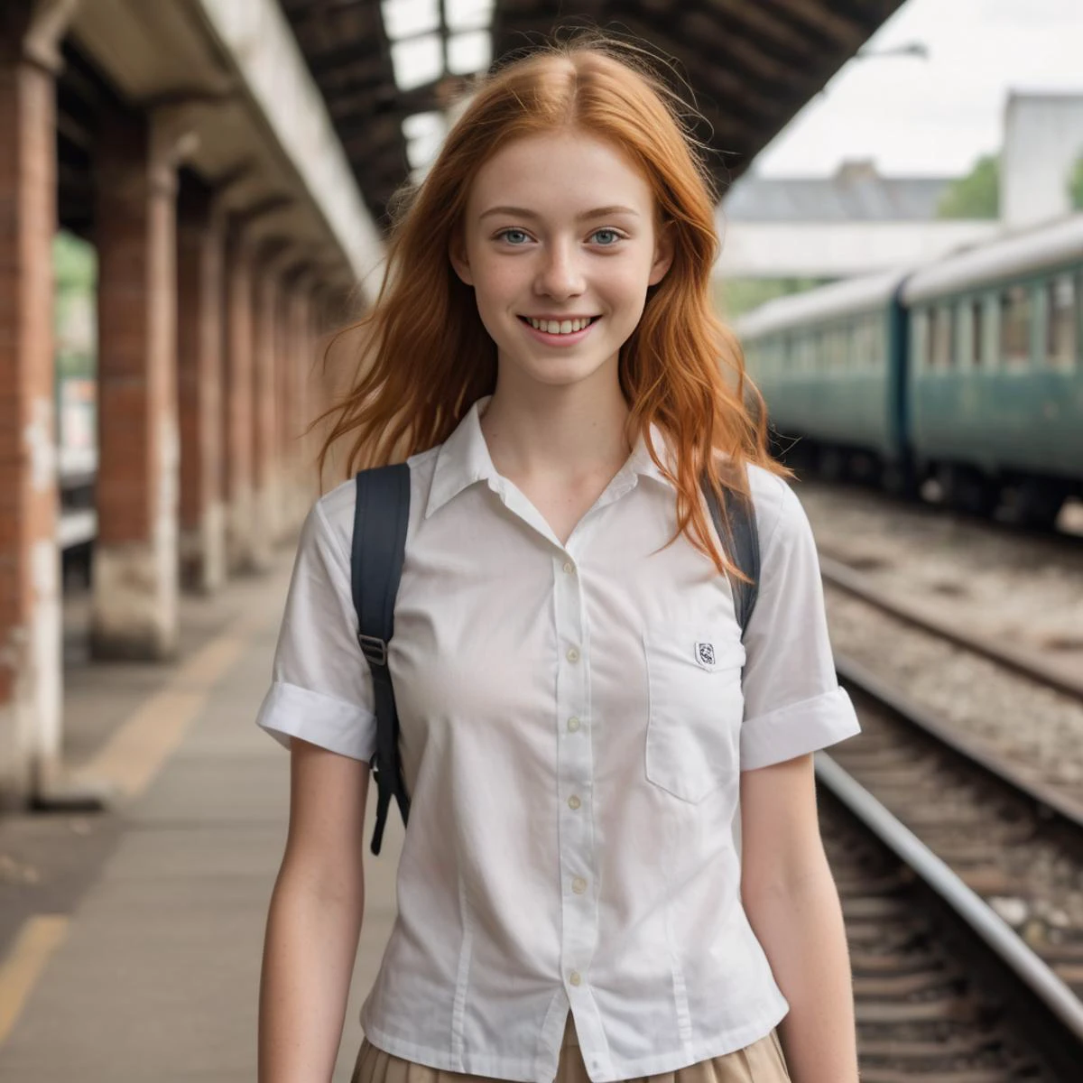 a beautiful young girl, 20 years old, ginger hair, nude, skinny, very short school uniform shirt, smiling, beautifull and aesthetic, walking on abandond train station, whole body, natural light, blurry background, best quality, masterpiece, epic realistic, skin texture, high detailed, RAW analog photo, 35mm film, cinematic