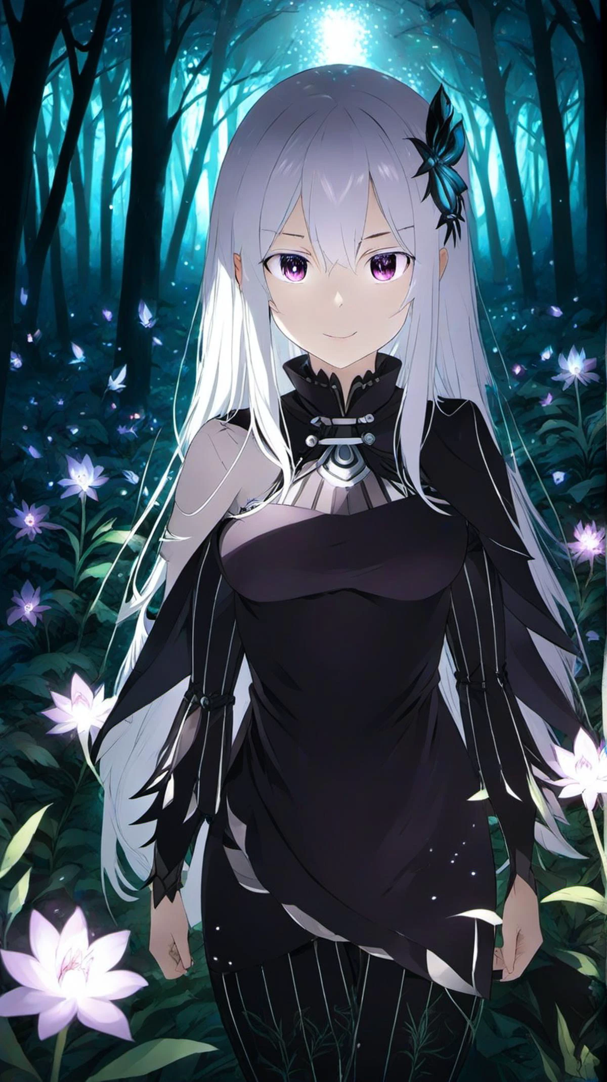 <lora:Anime Enhancer XL V2:.5> <lora:Echidna:1>1girl, echidna_rezero, , echidna_rezero in a dark enchanted forest, bioluminescent flowers and eerie, glowing eyes in the shadows