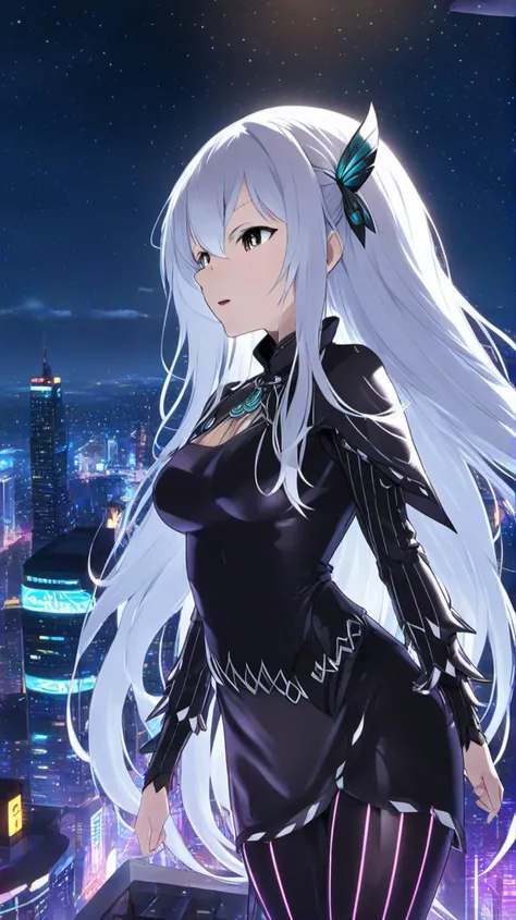 <lora:Anime Enhancer XL V2:.5> <lora:Echidna:1>1girl, echidna_rezero, , echidna_rezero standing atop a skyscraper, neon city lights pulsating below, wind whipping her hair dramatically