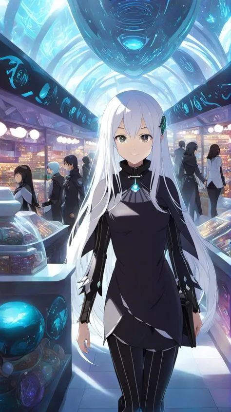 <lora:Anime Enhancer XL V2:.5> <lora:Echidna:1>1girl, echidna_rezero, , echidna_rezero walking through a bustling futuristic marketplace, holograms and alien species trading exotic goods