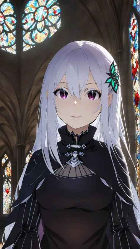 <lora:Anime Enhancer XL V2:.5> <lora:Echidna:1>1girl, echidna_rezero, , echidna_rezero in an abandoned gothic cathedral, stained glass casting colorful shadows on her face