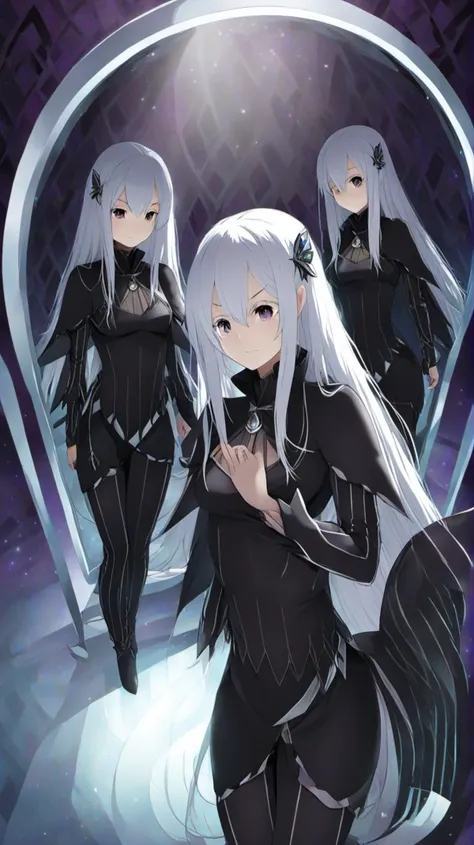 <lora:Anime Enhancer XL V2:.5> <lora:Echidna:1>1girl, echidna_rezero, , echidna_rezero in a realm of mirrors, each reflecting a different world, her figure shifting between realities