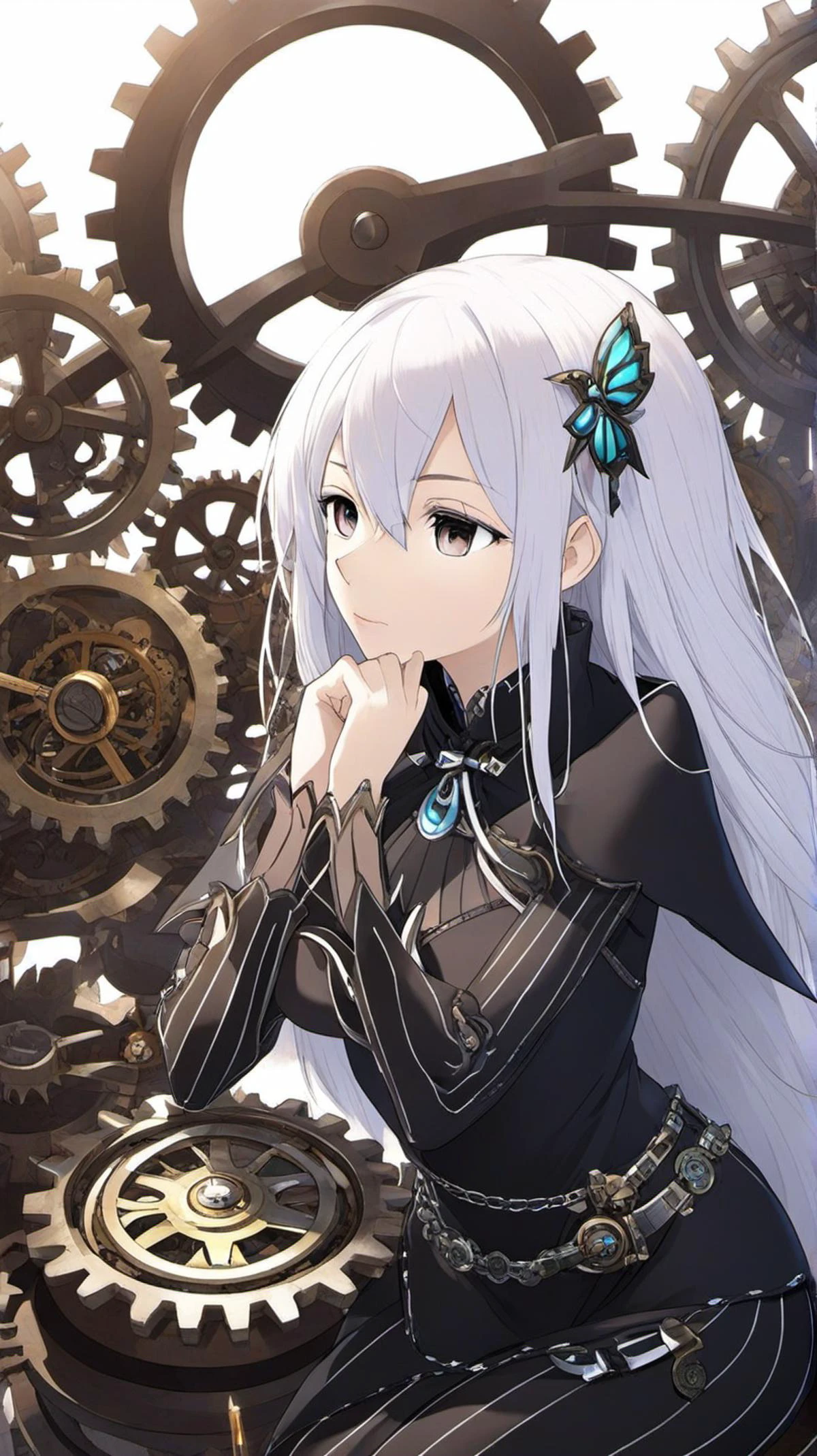 <lora:Anime Enhancer XL V2:.5> <lora:Echidna:1>1girl, echidna_rezero, , echidna_rezero in a giant clockwork mechanism, gears and cogs moving around her as she contemplates time