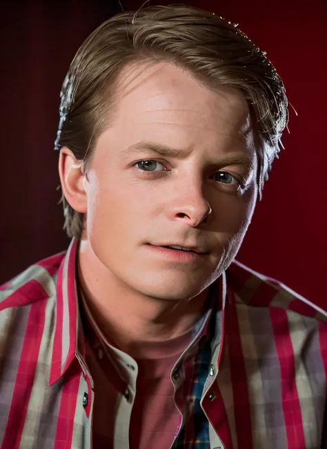 portrait of sksman, wearing collared shirt, red shirt, epic (photo, studio lighting, hard light, sony a7, 50 mm, matte skin, pores, colors, hyperdetailed, hyperrealistic), <lyco:Michael J FoxV2:1.2>