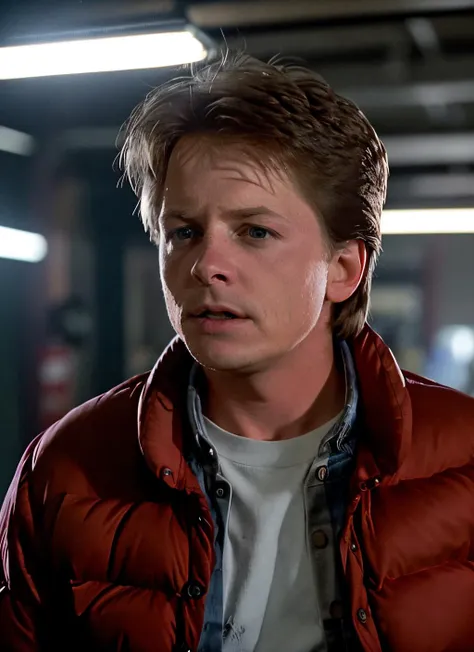 upper body portrait of michael j fox, wearing red jacket, background blurred back to the future style, epic (photo, studio lighting, hard light, sony a7, 50 mm, matte skin, pores, colors, hyperdetailed, hyperrealistic), <lyco:Michael J FoxV3:0.9>