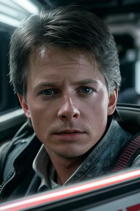 photo of michael j fox, a man as marty mcfly, modelshoot style, (extremely detailed CG unity 8k wallpaper),photo of the most beautiful artwork in the world, professional majestic oil painting by Ed Blinkey, Atey Ghailan, Studio Ghibli, by Jeremy Mann, Greg Manchess, Antonio Moro, trending on ArtStation, trending on CGSociety, Intricate, High Detail, Sharp focus, dramatic, photorealistic painting art by midjourney and greg rutkowski, , (trousers), ((spaceship interior)), (crew members in background), (looking at viewer:1.2), (detailed pupils:1.3), (closeup:1.2)  <lyco:Michael J FoxV3:0.9>