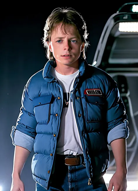 upper body, RAW photo, michael j fox, very happy, dress,wearing marty mcfly costume, light blue eye color, background (back to the future style:1.2), (high detailed skin:1.2), 8k uhd, dslr, soft lighting, high quality, film grain, Fujifilm XT3 <lyco:Michael J FoxV3:0.9>