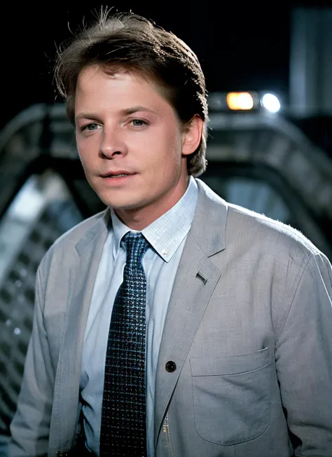 upper body, RAW photo, michael j fox, very happy, dress,wearing dress and tie, light blue eye color, background (back to the future style:1.2), (high detailed skin:1.2), 8k uhd, dslr, soft lighting, high quality, film grain, Fujifilm XT3 <lyco:Michael J FoxV3:0.9>