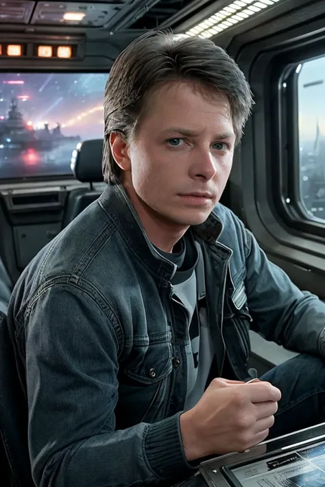 photo of michael j fox, a man as marty mcfly, modelshoot style, (extremely detailed CG unity 8k wallpaper),photo of the most beautiful artwork in the world, professional majestic oil painting by Ed Blinkey, Atey Ghailan, Studio Ghibli, by Jeremy Mann, Greg Manchess, Antonio Moro, trending on ArtStation, trending on CGSociety, Intricate, High Detail, Sharp focus, dramatic, photorealistic painting art by midjourney and greg rutkowski, , (trousers), ((spaceship interior)), (crew members in background), (looking at viewer:1.2), (detailed pupils:1.3), (closeup:1.2)  <lyco:Michael J FoxV3:0.9>