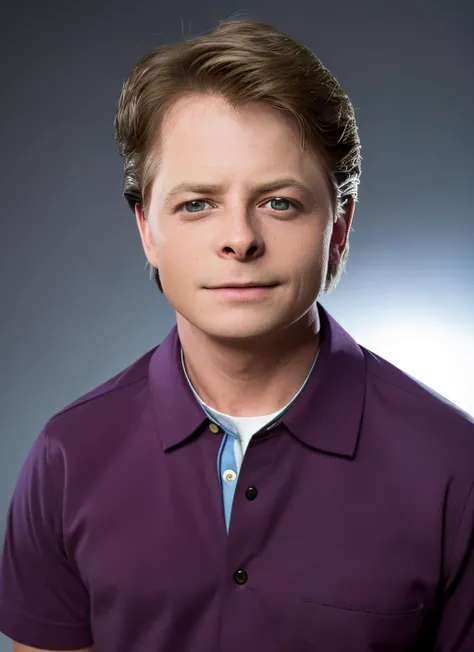 a man in a purple shirt posing for a picture