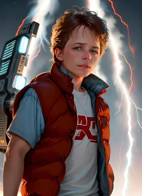 upper body, RAW photo, michael j fox, very happy, dress,wearing marty mcfly costume, red jacket, light blue eye color, background (back to the future style:1.2), (high detailed skin:1.2), 8k uhd, dslr, soft lighting, high quality, film grain, Fujifilm XT3 <lyco:Michael J FoxV3:0.9>