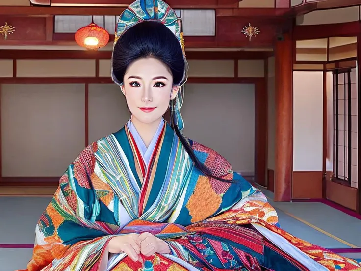 ((masterpiece, best quality, a perfect face, an exceptional face, 1girl)), (((high ponytail))), detailed face, black hair, slight smile, wearing a colorful JuuniHitoe, in a traditional Japanese room at night, 8k, realistic, photorealistic, <lyco:JuuniHitoe:1.0>