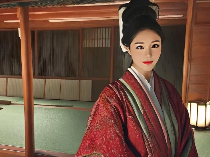 ((masterpiece, best quality, a perfect face, an exceptional face, 1girl)), (((high ponytail))), black hair, slight smile, wearing a red JuuniHitoe, at the balcony, in a traditional Japanese room at night, close shot, cowboy shot, upper body, 8k, realistic, photorealistic, <lyco:JuuniHitoe:1.0>