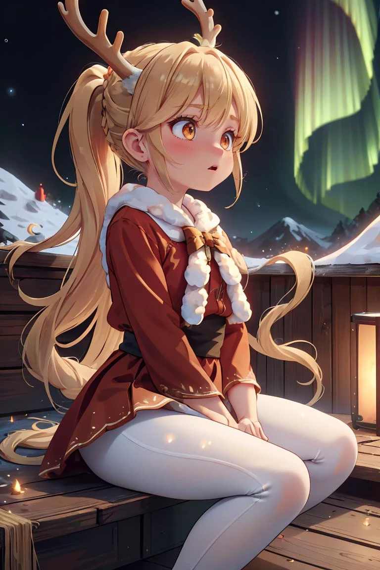 (masterpiece, best quality), 1girl, Honey Blonde Highlights on Brown Dutch Braid Ponytail with Flower Accents,long santa costume, long red skirt, reindeer antlers, raging, angry, sitting on rooftop, snow, full moon, sfw, white yoga pants, <lora:aurora-style-richy-v1:1> aurorastyle