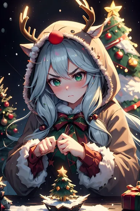 (masterpiece, best quality), 1woman, long hair,, cute face, blush, sfw, ((furious)), christmas tree, cozy home, snow outside <lora:reindeer-outfit-richy-v1:1> reindeer costume, hood up , <lora:aurora-style-richy-v1:1> aurorastyle