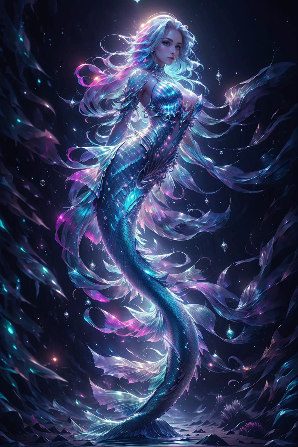<lora:mermaid_20231203140950-000008:0.8>,scale,mermaid,kkw-el-water,(style-paintmagic:0.6),<lora:wrenchsfantasy-000016:0.5>,wrenchsfantasy,fantasy,glowing,glowing eyes,<lora:GlassTech-20:0.4>,glasstech,transparent,scifi,<lora:aurora-style-richy-v1:0.5>,aurorastyle,<lora:depths-fC_v1.1:0.6>,depths-fc,<lora:underwater:0.6>,underwater,submerged,, official art,unity 8k wallpaper,ultra detailed,beautiful and aesthetic,masterpiece,best quality,award winning,hyper realistic,photo-realistic,professional lighting,model photography,big breast,slim waist,sexy,nsfw,looking to the viewer,looking lustful,22 years old slim stunning woman,gorgeous woman,