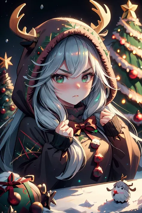 (masterpiece, best quality), 1woman, long hair,, cute face, blush, sfw, ((furious)), christmas tree, cozy home, snow outside <lora:reindeer-outfit-richy-v1:1> reindeer costume, hood up , <lora:aurora-style-richy-v1:1> aurorastyle