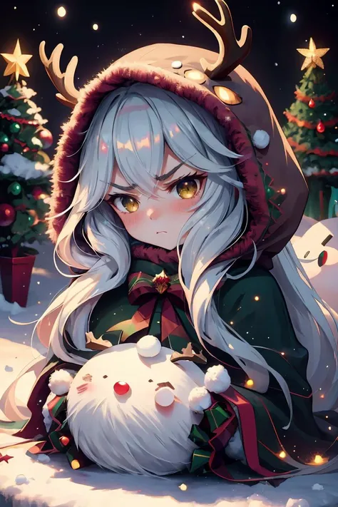 (masterpiece, best quality), 1woman, long hair,, cute face, blush, sfw, ((furious)), christmas tree, cozy home, snow outside <lora:reindeer-outfit-richy-v1:1> reindeer costume, hood up , <lora:aurora-style-richy-v1:1> aurorastyle