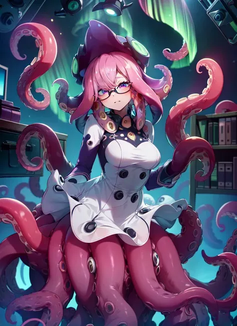 ((best quality)), ((highly detailed)), absurdres, (detailed eyes, deep eyes), (1girl), (glasses), dynamic pose, cowboy shot, <lora:aiomonstergirls_loraLocon:1>, (((scylla))), (((octopus girl))), standing, (tentacles:1.33), (suction cups:1.33), (fused:1.33), ((tentacle legs)), <lora:Squidlegs_V1.0:.5>, squidlegs, medium breasts, (dress), partially underwater, (inside, in an office, desk), <lora:aurora-style-richy-v1:1>, aurorastyle, aurora