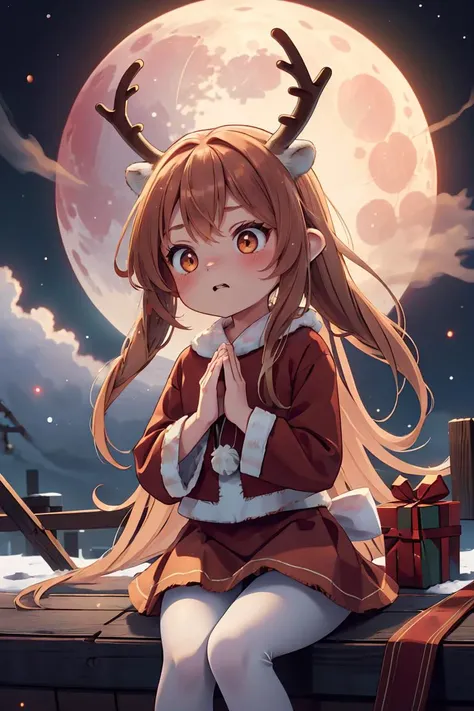 (masterpiece, best quality), 1girl, Chestnut brown Faded Comb-Over with Line Up,santa costume, long red skirt, reindeer antlers, raging, angry, sitting on rooftop, snow, full moon, sfw, white yoga pants, <lora:aurora-style-richy-v1:1> aurorastyle