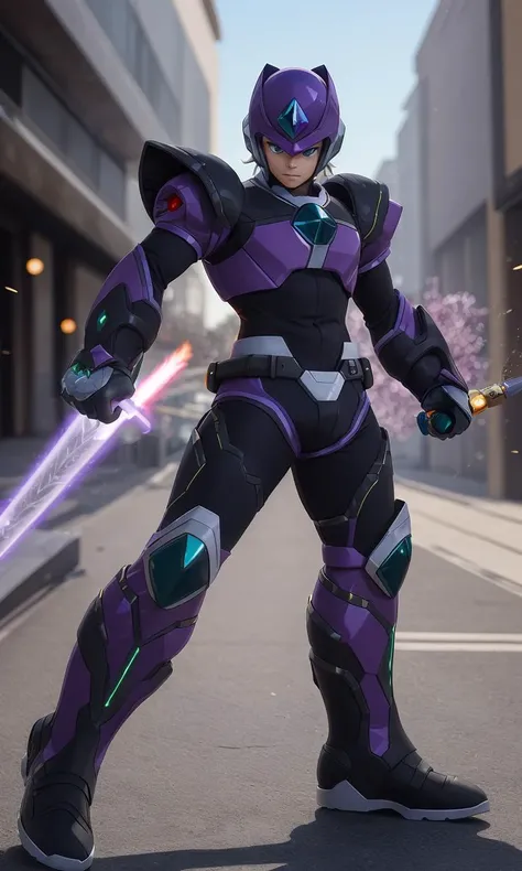 mgmgrv2023, 1boy, best quality, masterpiece, 5 fingers, depth of field, full body, 5 fingers, intricate, arm cannon, photorealistic, purple armor, green accents, energy sword,