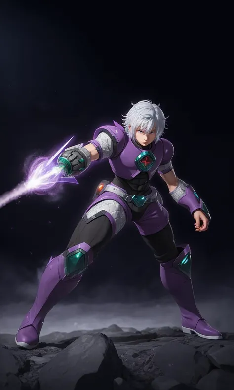 mgmgrv2023, 1boy, best quality, masterpiece, 5 fingers, depth of field, full body, 5 fingers, intricate, arm cannon, photorealistic, purple armor, green accents, energy sword, white hair, powerful, thick boots,