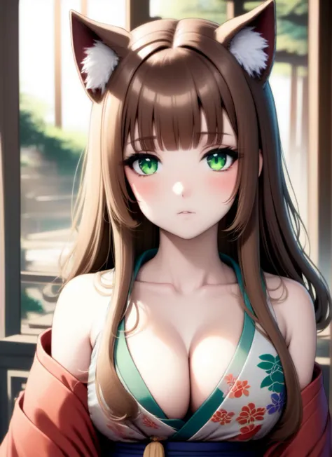 1girl, long hair, kimono, green eyes, animal ears, brown hair, temple, cleavage,