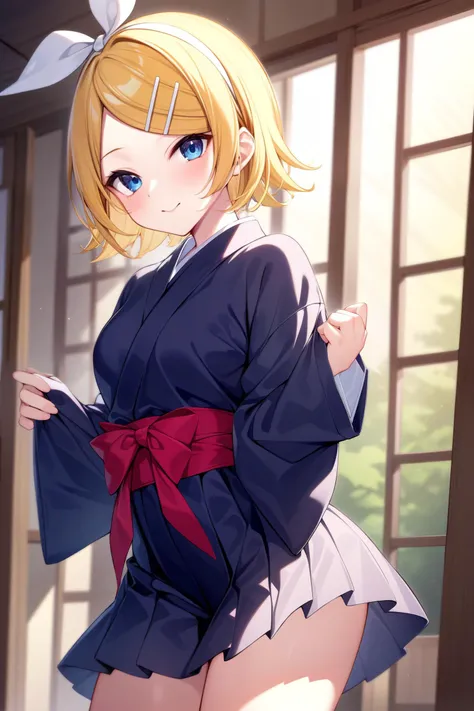 1girl,
<lora:rin_sdxl:0.5>, kagamine rin,
short hair,
white hairpin,
blue eyes,
small chest,
kawaii,
innocent, guileless,
lovely, charming, pretty, adorable,
BREAK,
solo,
yukata, ryokan,
BREAK,
downcast and upturned eyes, watery eyes,
happy, shy,
BREAK,
masterpiece,
8k wallpaper, best light, shiny skin, detailed skin,