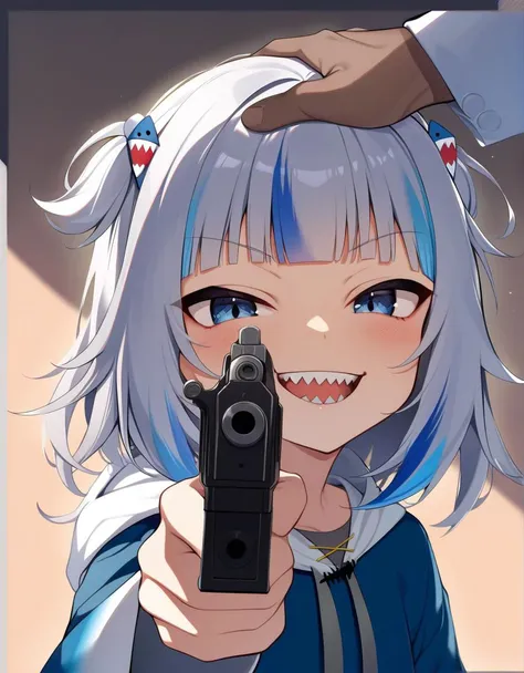 1girl, blunt bangs, grey hair, short hair, masterpiece, smile, looking at viewer, sharp teeth, (headpat), smug, gawr gura, holding gun, aiming at viewer, handgun,