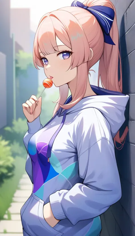 kokomi \(genshin impact\), adult, tall, long messy hair, badass indifferent expression, medium breasts, modern hoodie with a print, colorful abstract geometrical shapes print, hood, detailed clothes texture, BREAK, 1girl, masterpiece, standing, arm inside pockets, lean on a wall, licking a lollipop, looking at viewer, outdoors, upper body, face closeup, from side