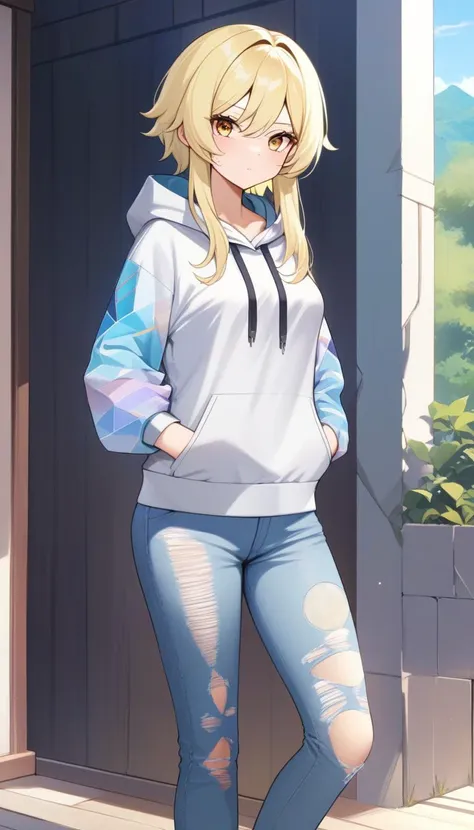 lumine \(genshin impact\), adult, tall, long messy hair, cute sulk expression, medium breasts, modern hoodie with a print, colorful abstract geometrical shapes print, hood, torn jeans, detailed clothes texture, BREAK, 1girl, masterpiece, standing, arm inside pockets, looking at viewer, outdoors,