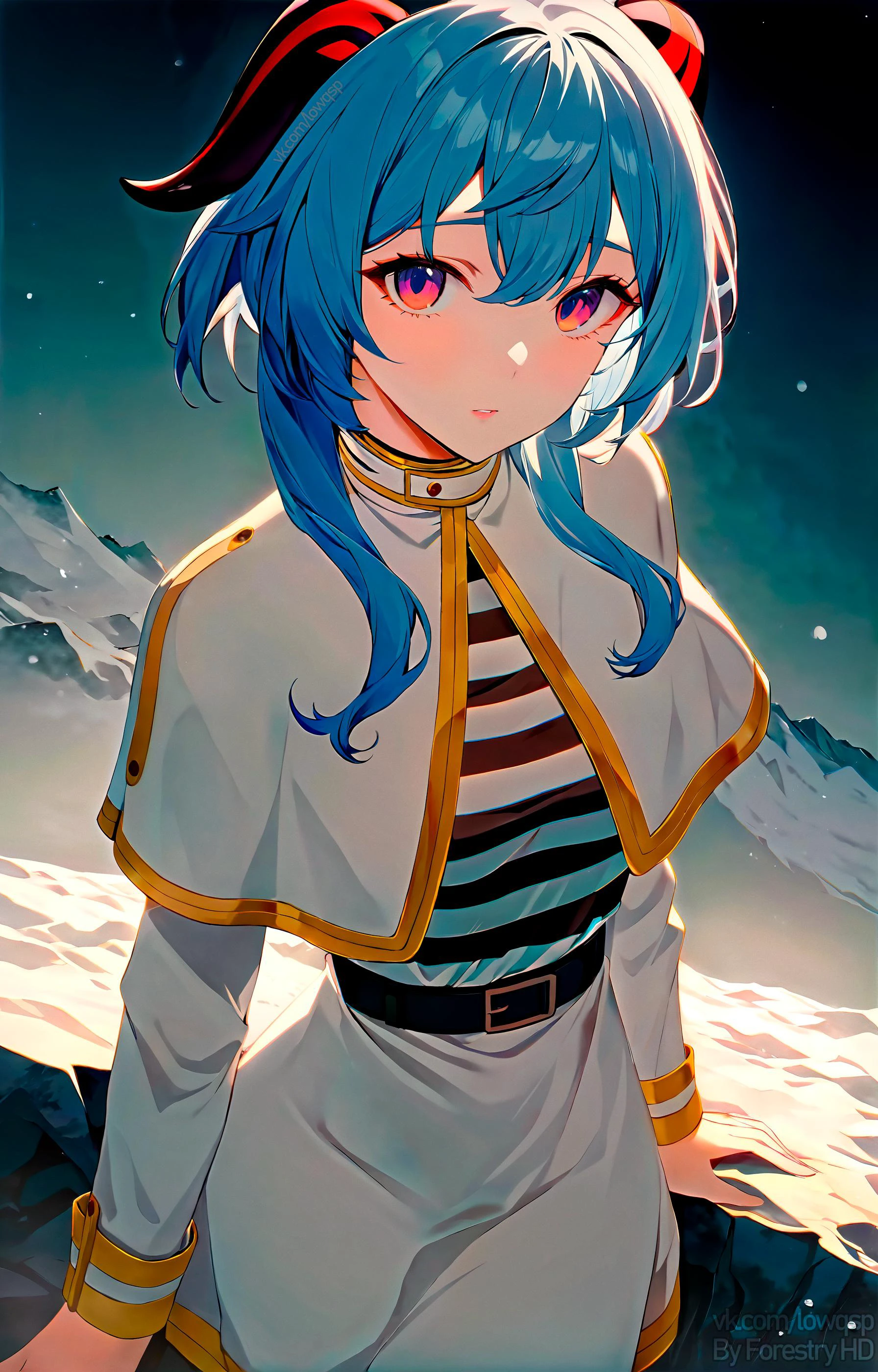 (masterpiece), (1 girl), (ganyu), light blue hair, small horns, mature woman, looking at viewer with contempt, looking at viewer, ambience, gray atmosphere, mountain pass, mountains, snowy peaks, (rocks), heavy clouds, fog, ((frieren outfit, costume switch, WHITE CAPELET, STRIPED SHIRT, (black HORIZONTAL STRIPES), LONG SLEEVES, BELT, WHITE SKIRT, GOLD-TRIM)), <lora:frieren_xl_2:0.8>, <lora:add_detail:-1>, <lora:sdxl_neg_overfit_v1:1>, <lora:outline_xl_end:-1>, thin eyebrows, thin outline, cowboy shot