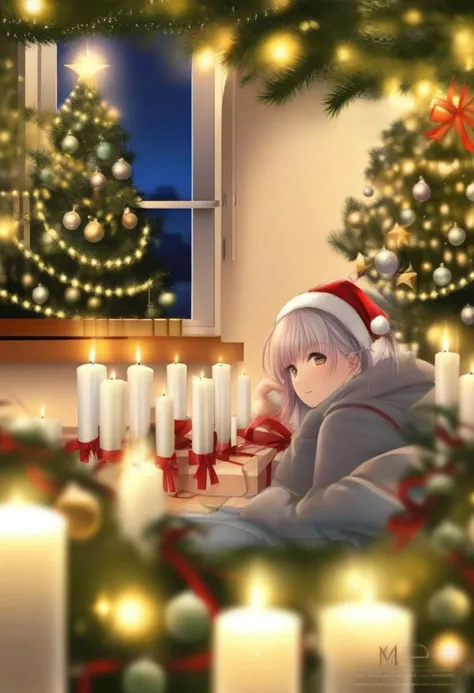 Christmas scene with a girl sitting among green and silver decorations, twinkling lights entwined through pine branches, gleaming candles casting a warm glow over the glossy leaves and reflective baubles, holiday cheer encapsulated in the arrangement, soft-focus background with bokeh effect from distant Christmas lights, ultra-fine, digital painting, golden ratio composition.