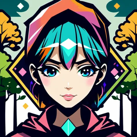 vector logo of an anime girl, diamond logo, theme park themed, colorful, trees, simple art, face