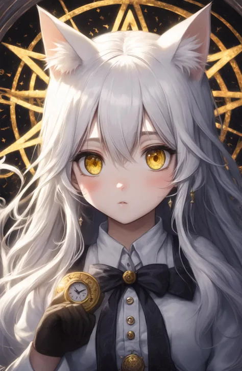 Integrated Visual Composition, {give the soul}
1girl, Amazing, beautiful detailed eyes, finely detail, Depth of field, extremely detailed, extremely detailed wallpaper, white_hair, magic_circle, cat_ears,long_hair, white_hair/yellow_eyes, wand, pentagram,clock,
In order to achieve this visual effect, high-resolution 8K ultra-sharp camera equipment may be used, and some optical effects are added in post-production to further enhance the texture and visual impact of the image.
Additional layered rendering and details by painter