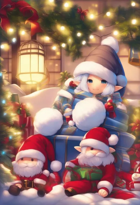 Christmas scene with a cute Blue Epoch Elves sitting among christmas decorations, smile, fluffy, lights, holiday atmosphere, ultra-fine, digital painting