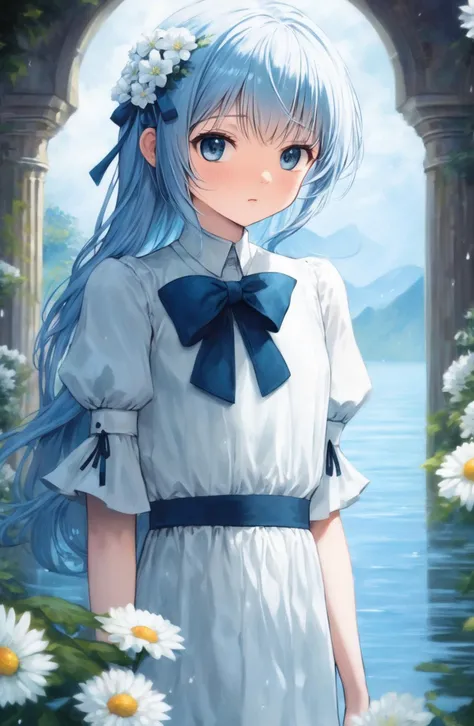 Integrated Visual Composition, {give the soul}
beautiful detailed girl,beautiful detailed glow,detailed ice,beautiful detailed water,beautiful detailed eyes,expressionless,floating palaces,azure hair,disheveled hair,long bangs, hairs between eyes,skyblue dress,black ribbon,white bowties,midriff,half closed eyes,big forhead,blank stare,flower,large top sleeves
In order to achieve this visual effect, high-resolution 8K ultra-sharp camera equipment may be used, and some optical effects are added in post-production to further enhance the texture and visual impact of the image.
Additional layered rendering and details by painter