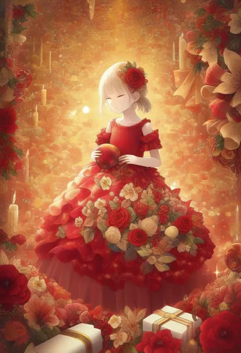 girl decorated all around with three-dimensional flower Christmas in red and gold colors, beautiful and pleasant lighting