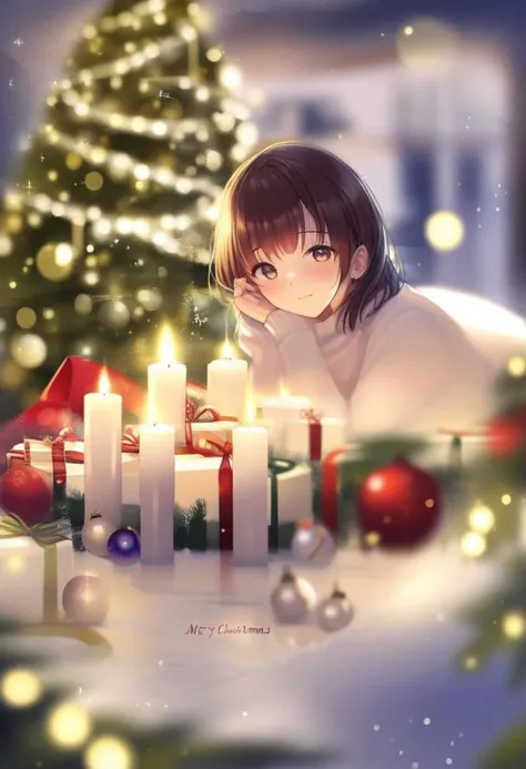 Christmas scene with a girl sitting among green and silver decorations, twinkling lights entwined through pine branches, gleaming candles casting a warm glow over the glossy leaves and reflective baubles, holiday cheer encapsulated in the arrangement, soft-focus background with bokeh effect from distant Christmas lights, ultra-fine, digital painting, golden ratio composition.